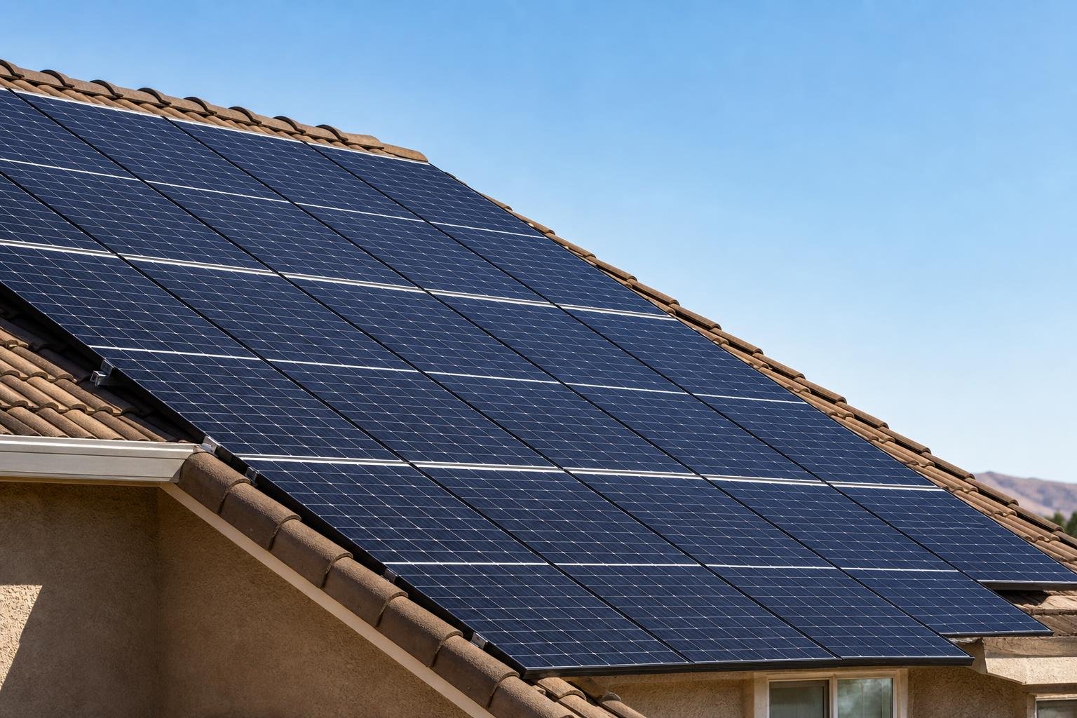 Close-up of rooftop solar panels on a Bakersfield-area home in warm daylight