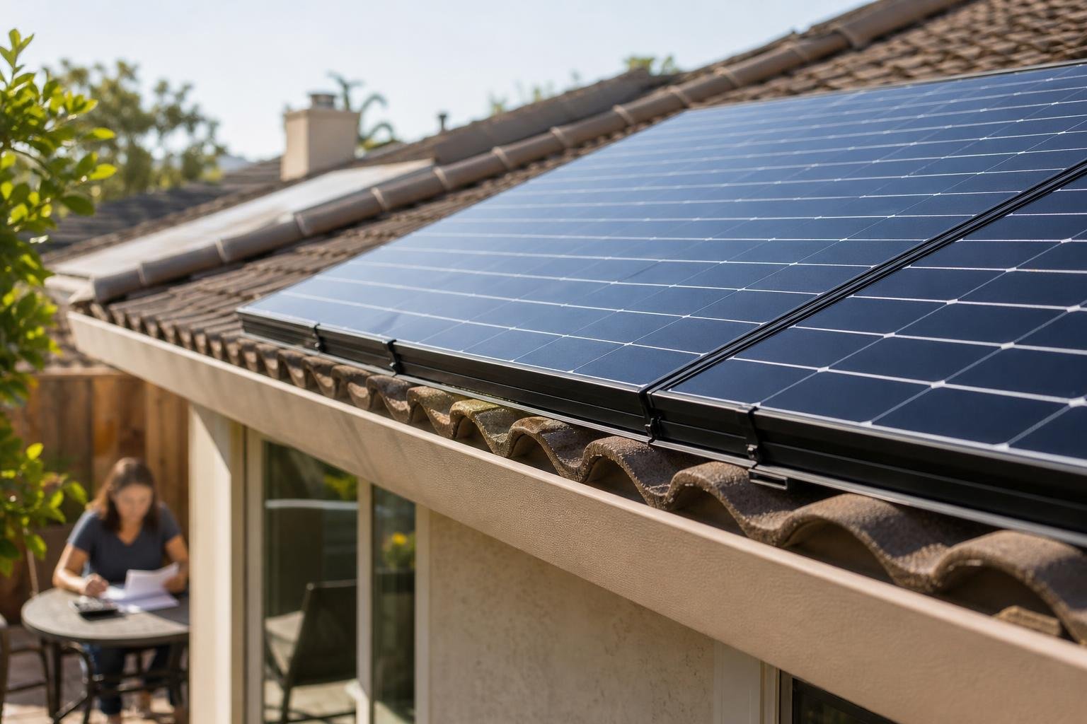 Close view of residential solar panels with a homeowner reviewing solar planning paperwork softly blurred in the background